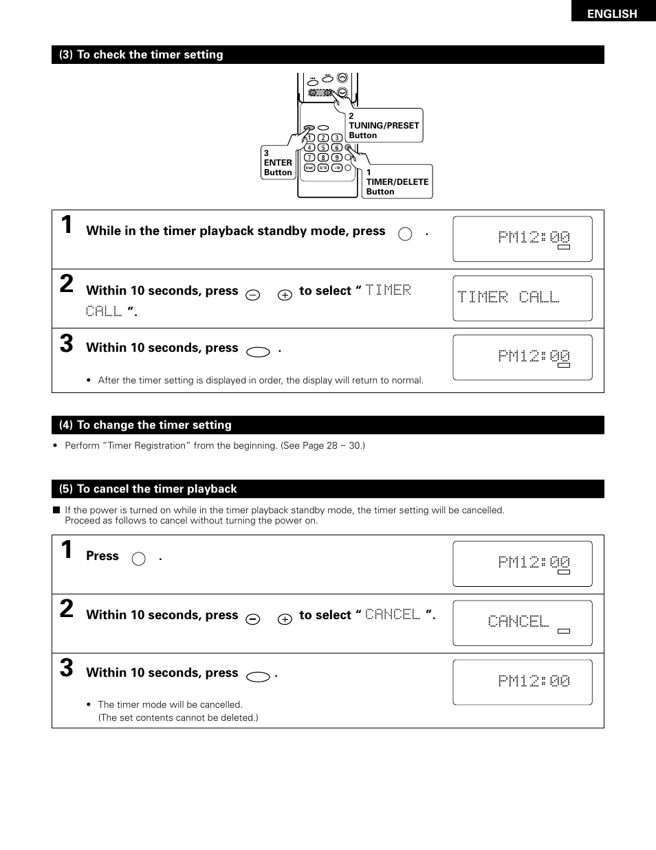 Pm12:00 timer call, Pm12:00, Cancel pm12:00 | Denon D-A03 User Manual | Page 31 / 110