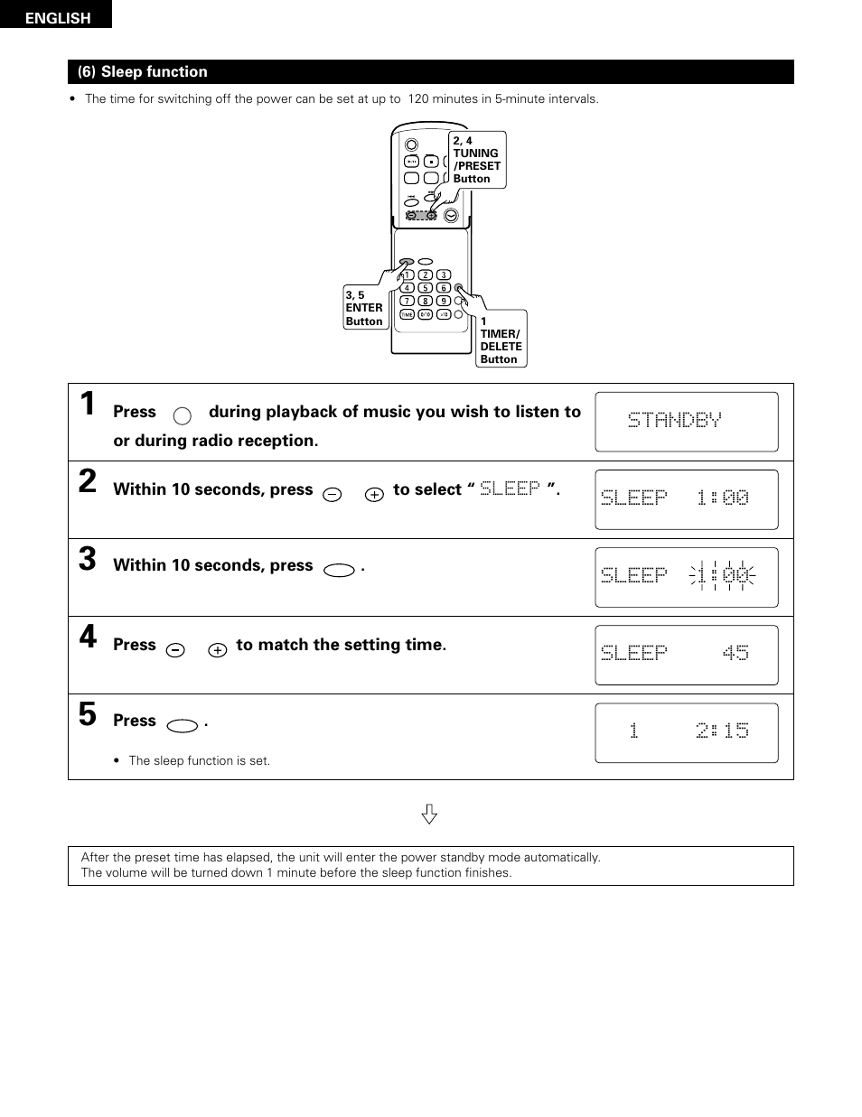 Sleep 45, Within 10 seconds, press to select “ sleep, Within 10 seconds, press | Press to match the setting time, Press | Denon D-A03 User Manual | Page 32 / 110
