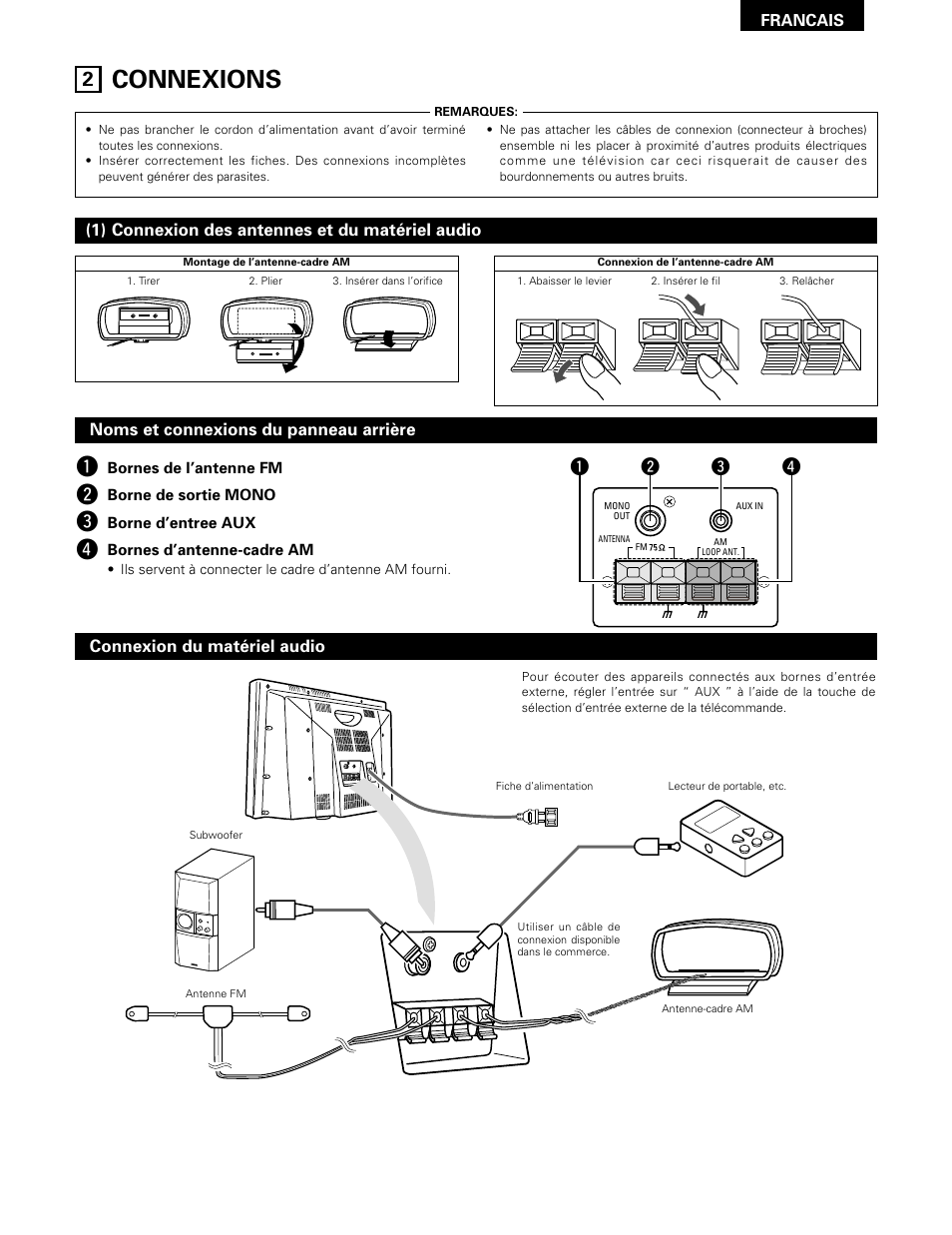Connexions, Wq e r, 1) connexion des antennes et du matériel audio | Denon D-A03 User Manual | Page 41 / 110