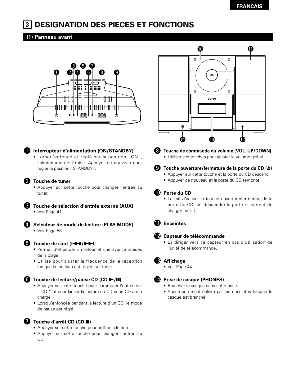 Designation des pieces et fonctions | Denon D-A03 User Manual | Page 43 / 110