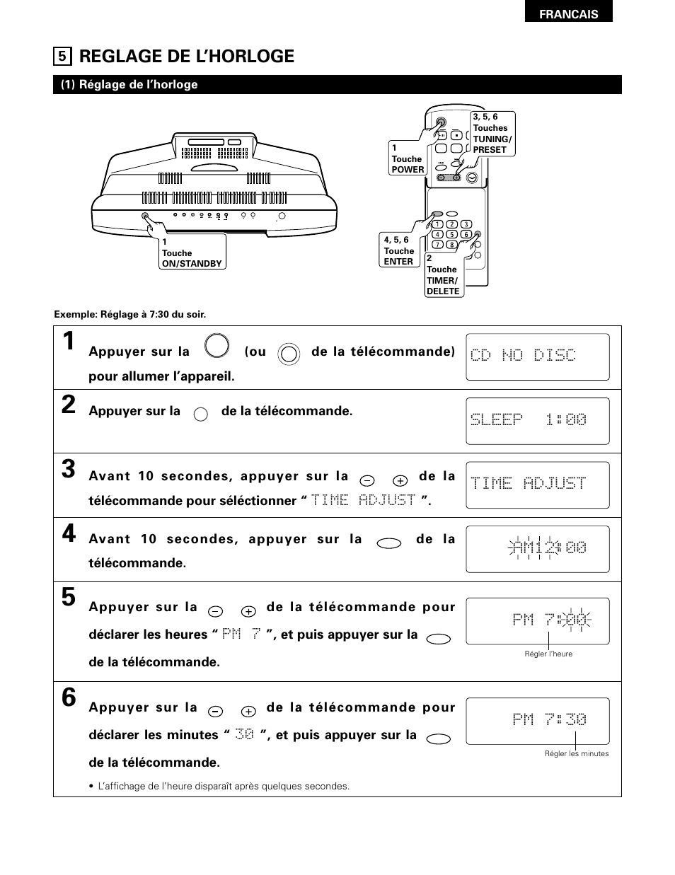 Reglage de l’horloge, Cd no disc, Sleep 1:00 | Appuyer sur la de la télécommande, 1) réglage de l’horloge | Denon D-A03 User Manual | Page 47 / 110