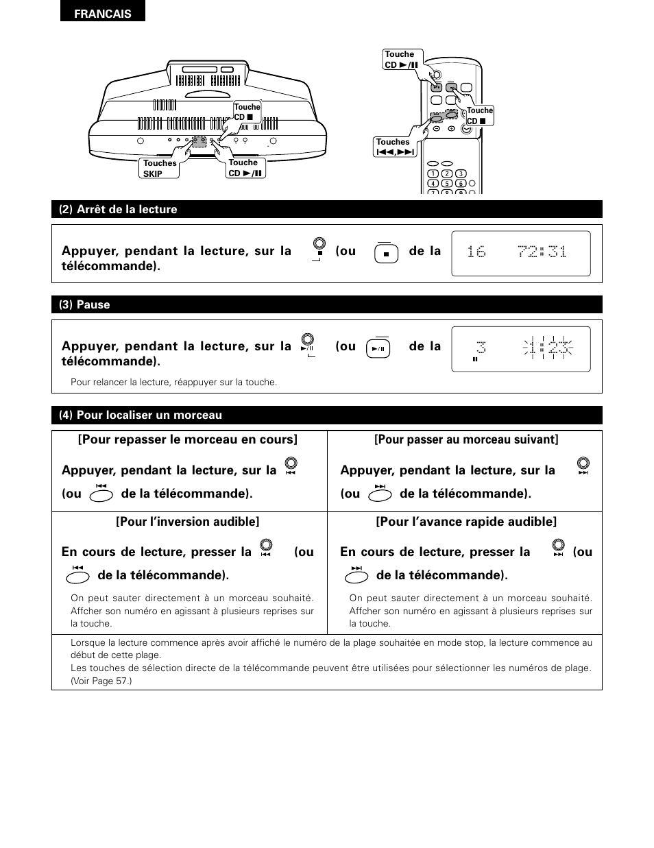 2) arrêt de la lecture (3) pause, 4) pour localiser un morceau, Francais | Denon D-A03 User Manual | Page 50 / 110