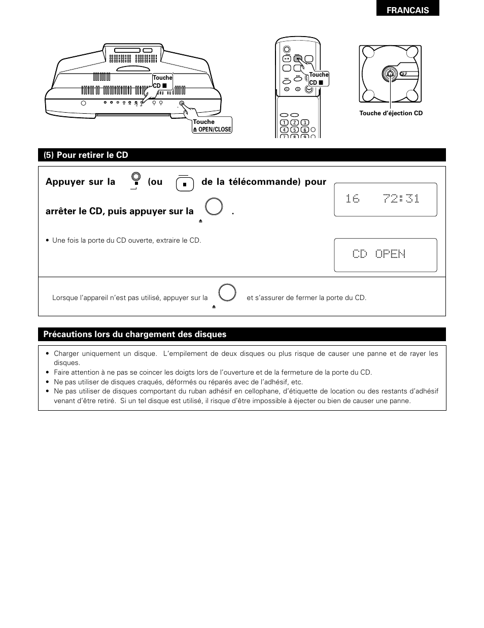 Francais, Vol. up down, Une fois la porte du cd ouverte, extraire le cd | Denon D-A03 User Manual | Page 51 / 110