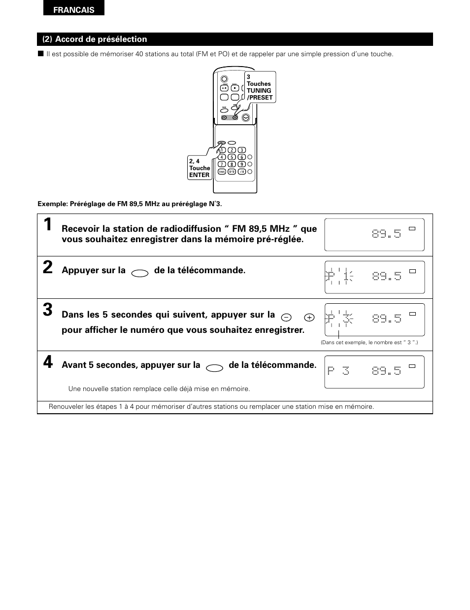 P 1 89.5, P 3 89.5, Appuyer sur la de la télécommande | 2) accord de présélection, Francais | Denon D-A03 User Manual | Page 54 / 110