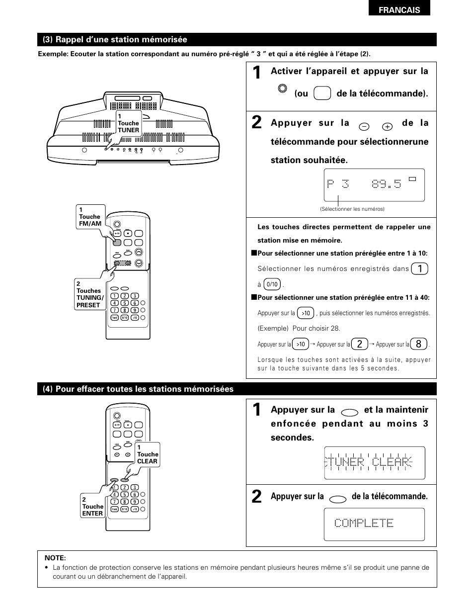 P 3 89.5, Tuner clear, Complete | Appuyer sur la de la télécommande, Francais | Denon D-A03 User Manual | Page 55 / 110