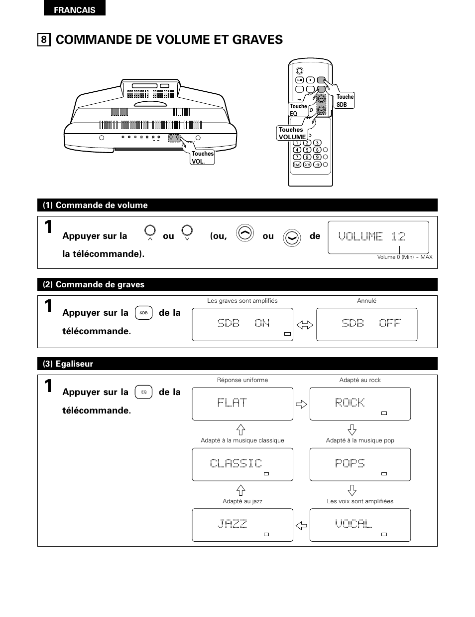 Commande de volume et graves, Volume 12, Sdb on | Sdb off, Flat, Classic, Jazz, Rock, Pops, Vocal | Denon D-A03 User Manual | Page 56 / 110