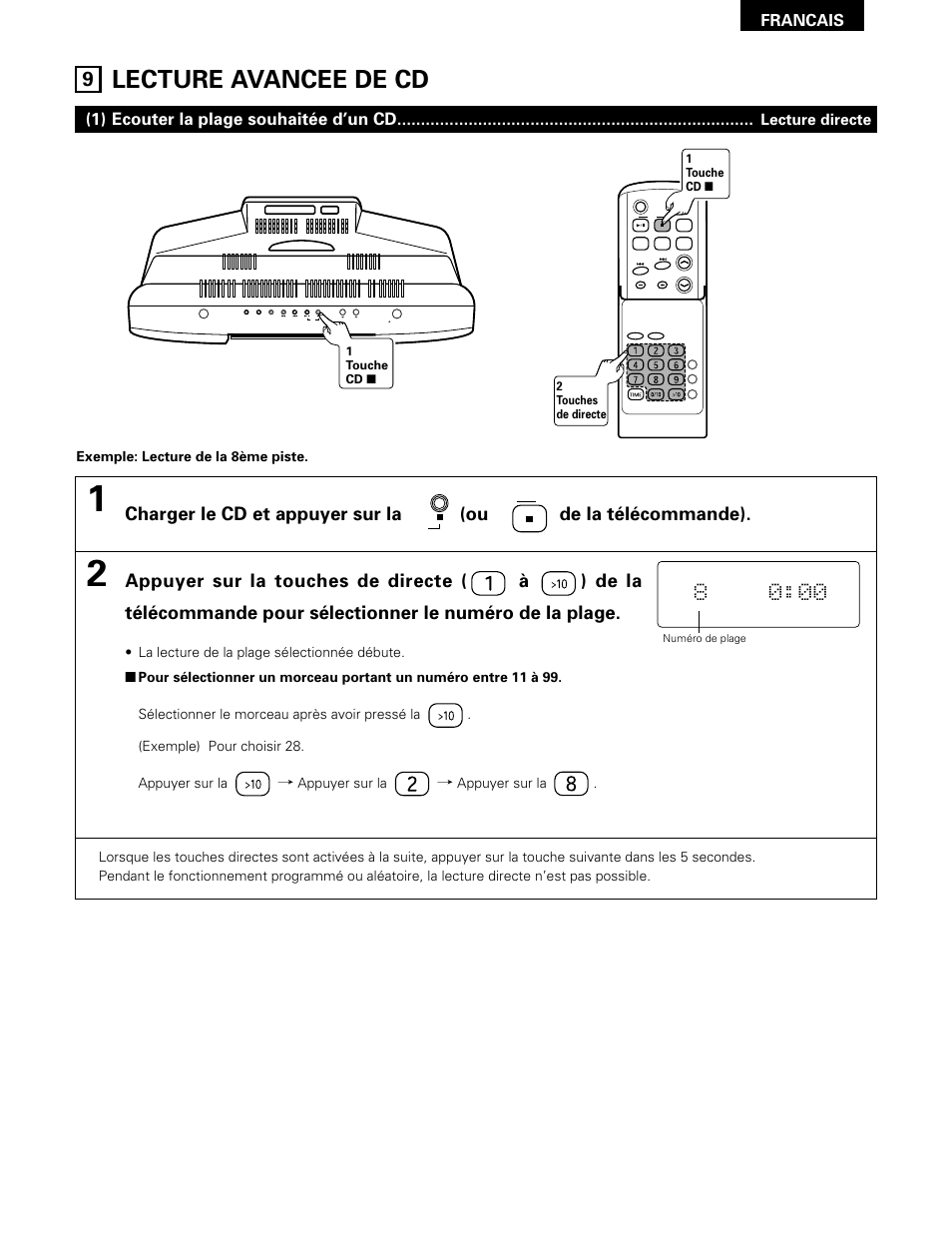 Lecture avancee de cd, 1) ecouter la plage souhaitée d’un cd, Francais | Lecture directe | Denon D-A03 User Manual | Page 57 / 110