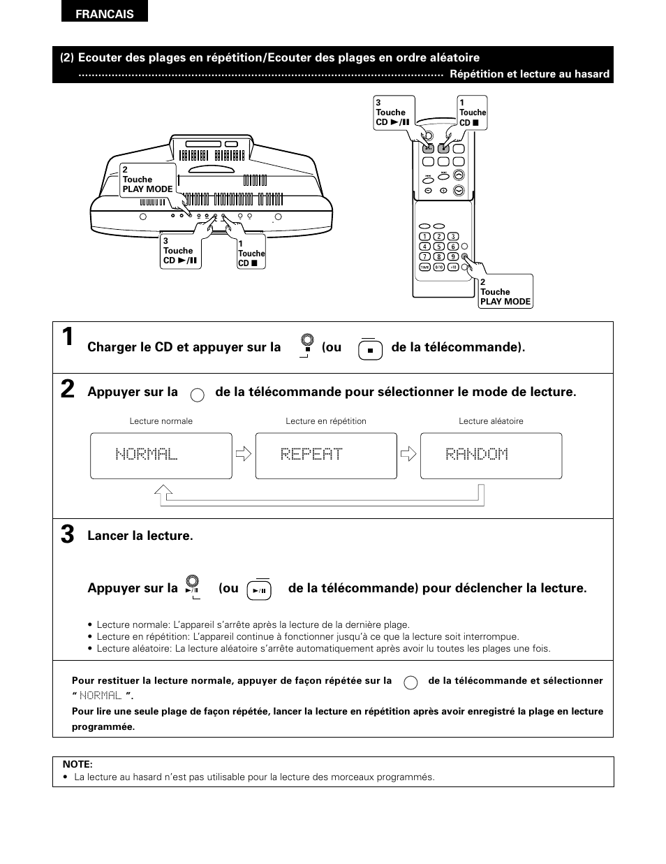 Normal, Repeat, Random | Francais, Répétition et lecture au hasard | Denon D-A03 User Manual | Page 58 / 110