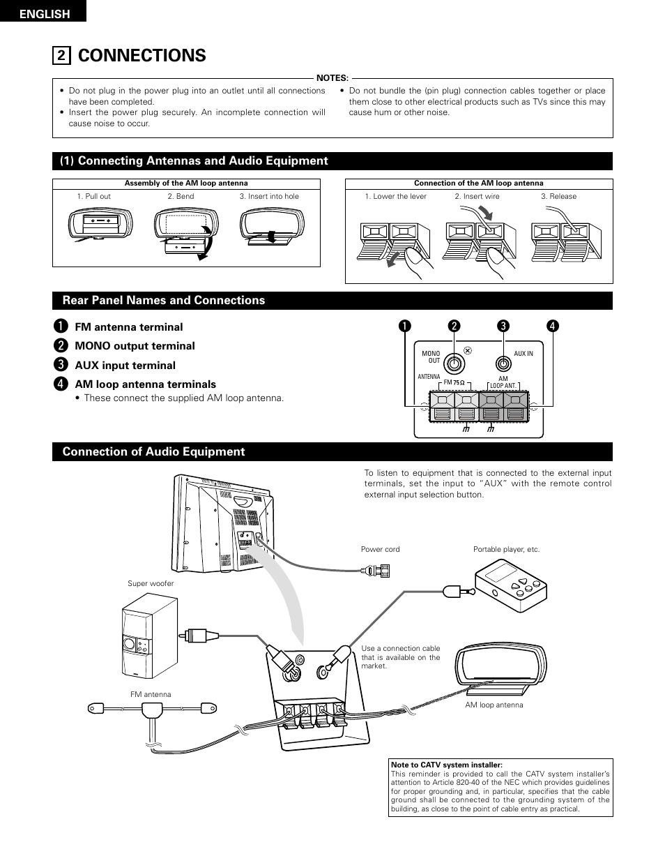 Connections, Wq e r, 1) connecting antennas and audio equipment | Denon D-A03 User Manual | Page 6 / 110