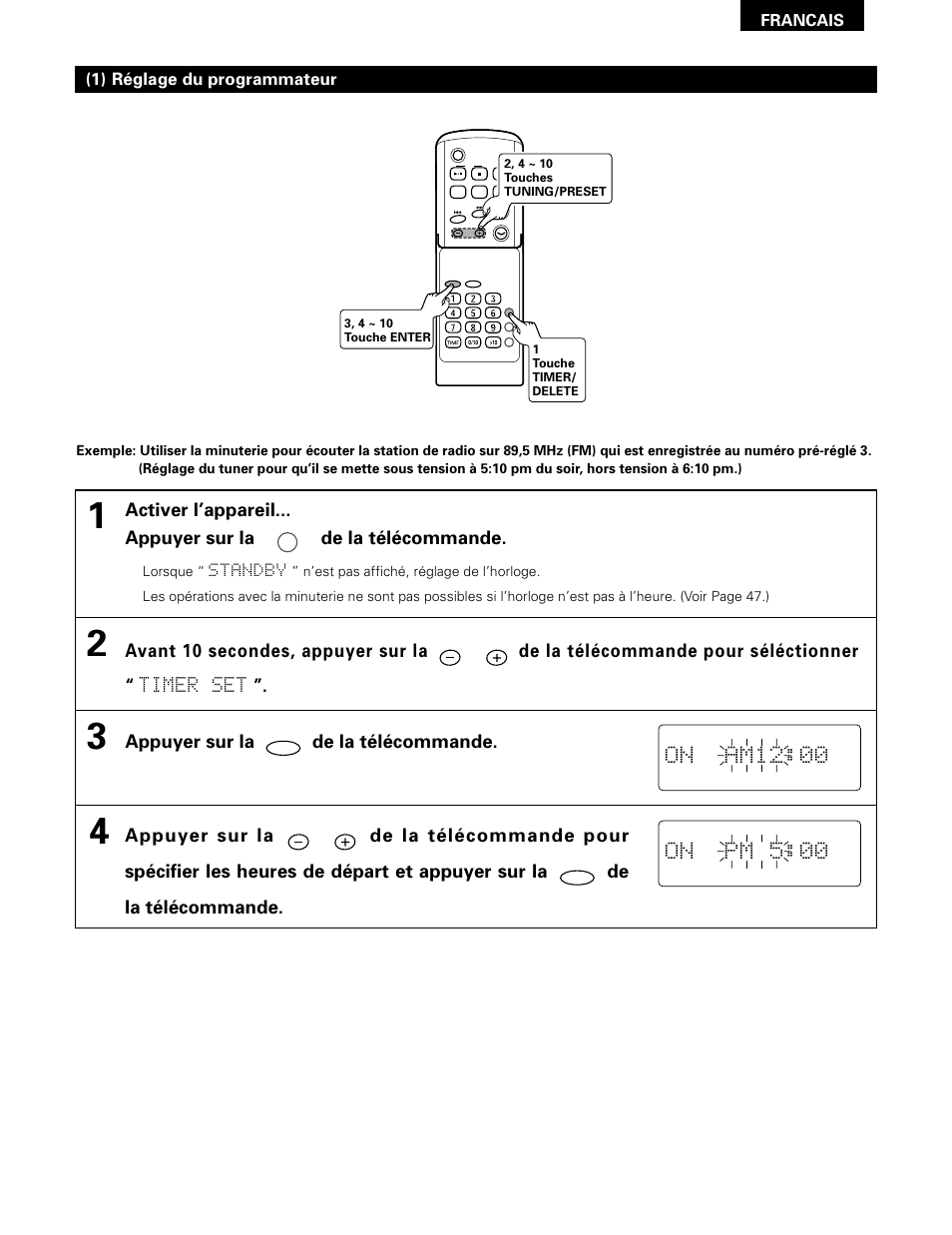 On am12:00, On pm 5:00, Appuyer sur la de la télécommande | Denon D-A03 User Manual | Page 63 / 110