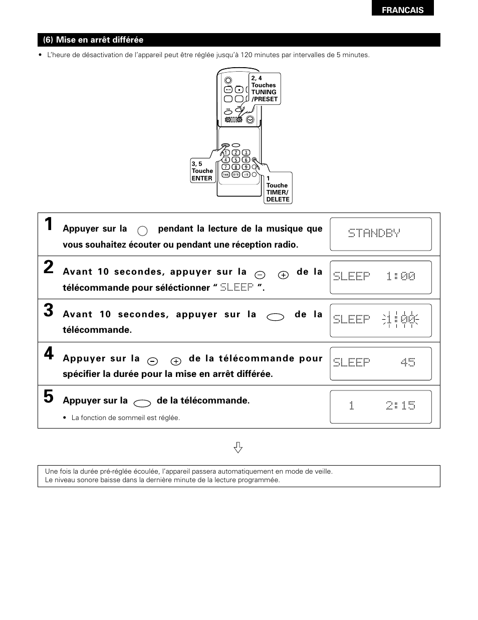 Sleep 45, Appuyer sur la de la télécommande | Denon D-A03 User Manual | Page 67 / 110