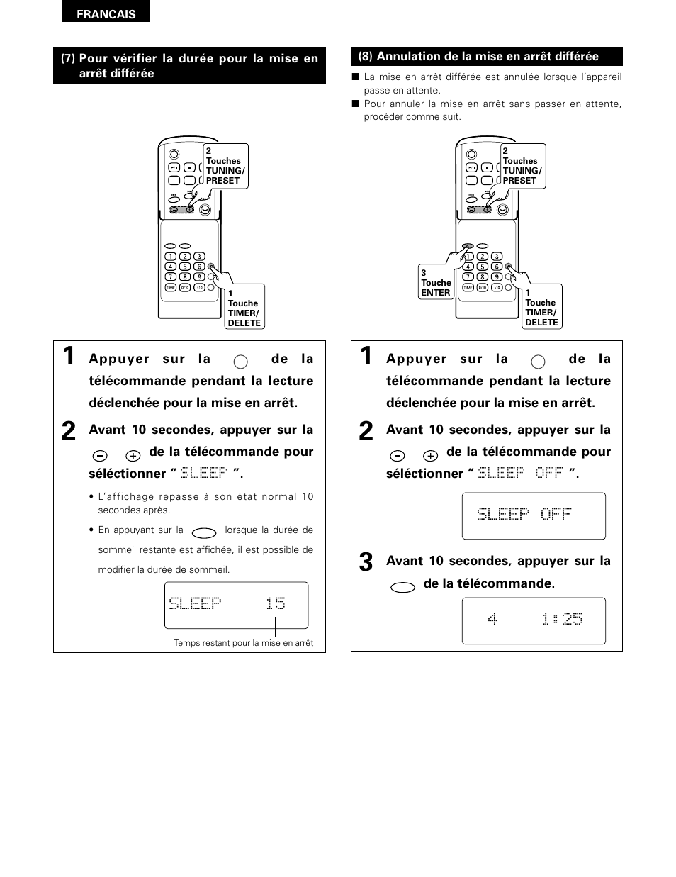 Sleep 15, Sleep off, 8) annulation de la mise en arrêt différée | Francais | Denon D-A03 User Manual | Page 68 / 110