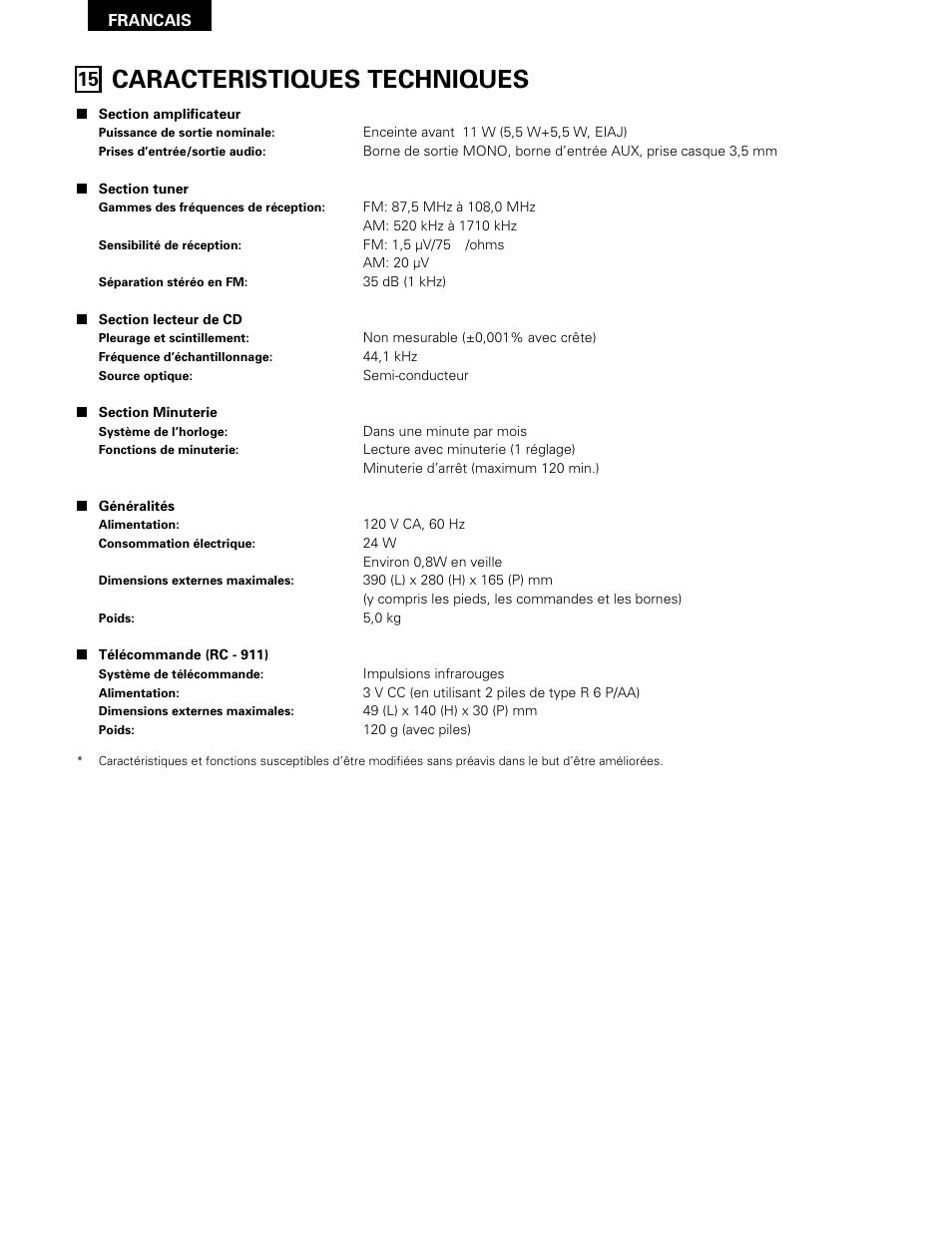 Caracteristiques techniques | Denon D-A03 User Manual | Page 74 / 110