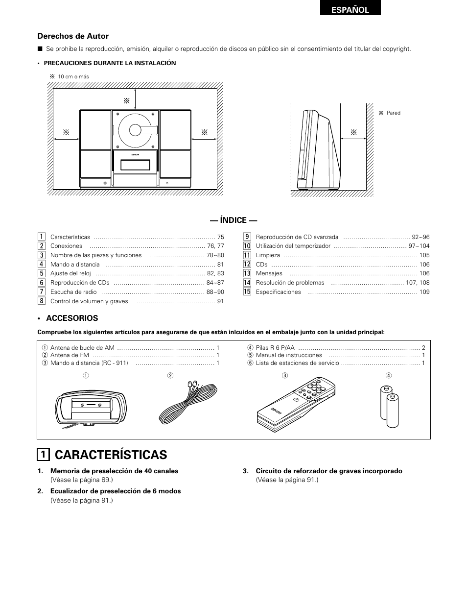 Español, Características | Denon D-A03 User Manual | Page 75 / 110