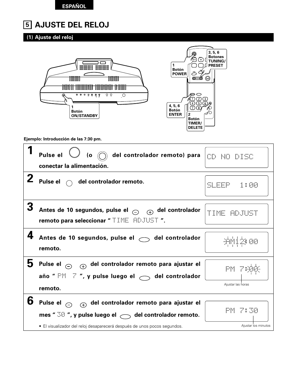 Ajuste del reloj, Cd no disc, Sleep 1:00 | Pulse el del controlador remoto, 1) ajuste del reloj | Denon D-A03 User Manual | Page 82 / 110