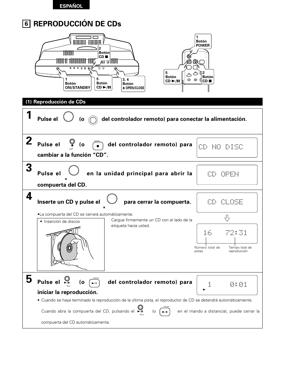 Reproducción de cds, Cd no disc cd open, Cd close | Inserte un cd y pulse el para cerrar la compuerta, 1) reproducción de cds | Denon D-A03 User Manual | Page 84 / 110