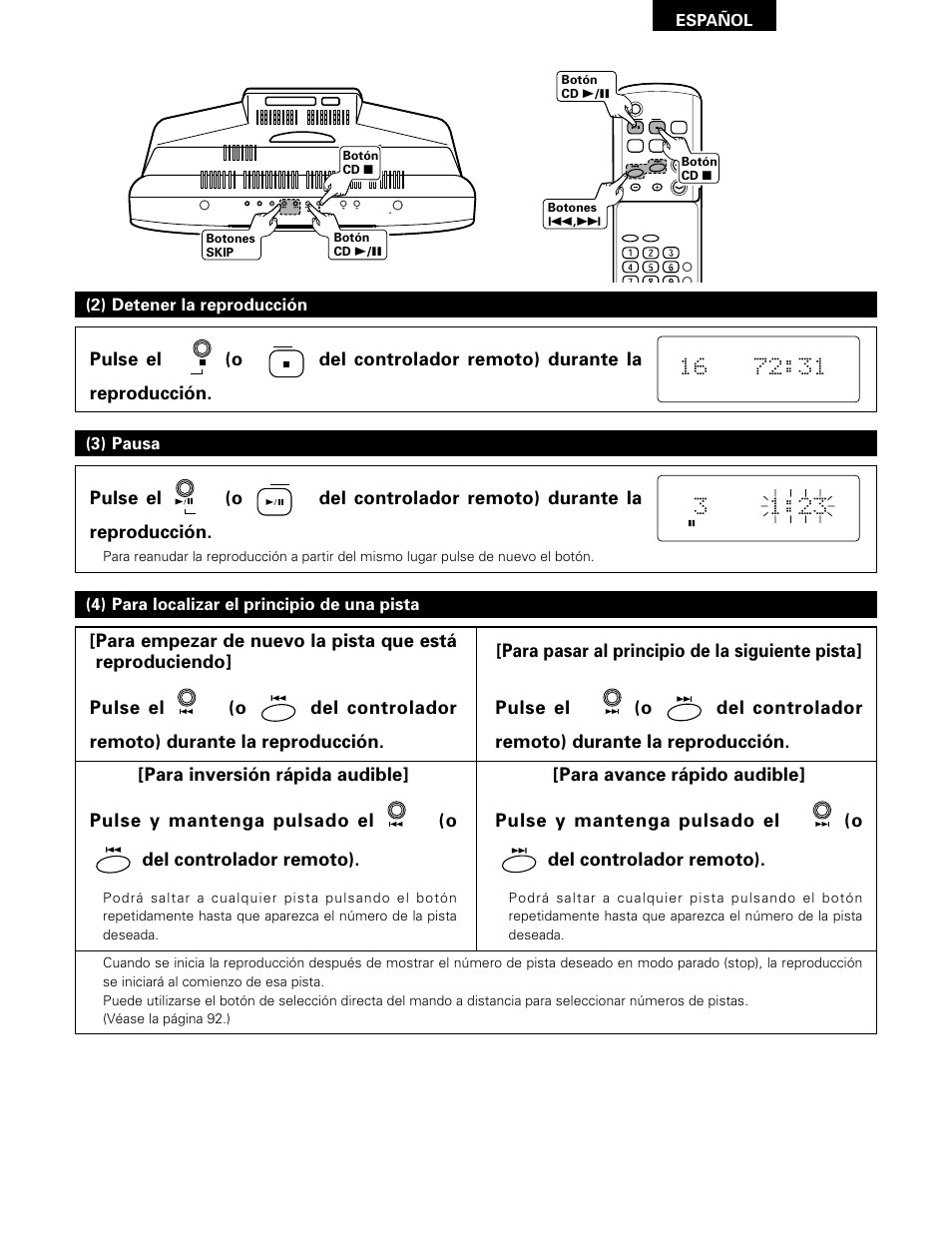 2) detener la reproducción (3) pausa, 4) para localizar el principio de una pista, Español | Denon D-A03 User Manual | Page 85 / 110