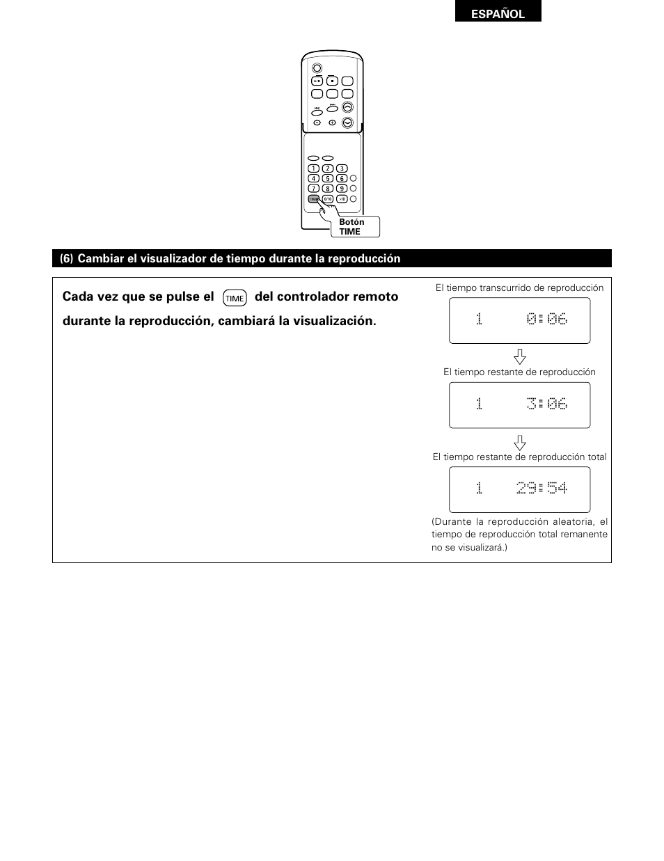 Español, El tiempo transcurrido de reproducción, El tiempo restante de reproducción | El tiempo restante de reproducción total | Denon D-A03 User Manual | Page 87 / 110