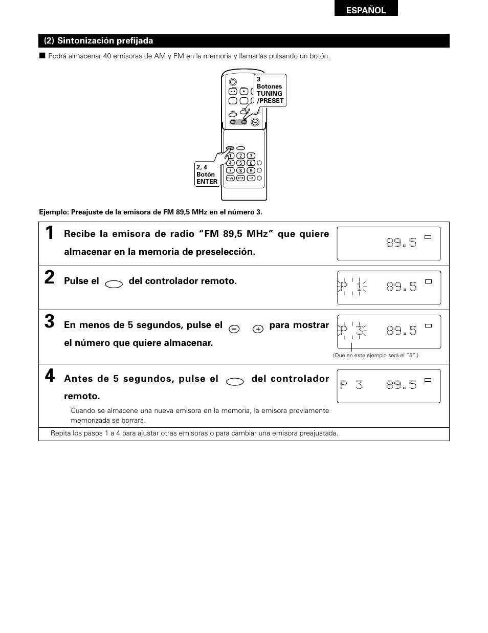 P 1 89.5, P 3 89.5, Pulse el del controlador remoto | 2) sintonización prefijada, Español | Denon D-A03 User Manual | Page 89 / 110