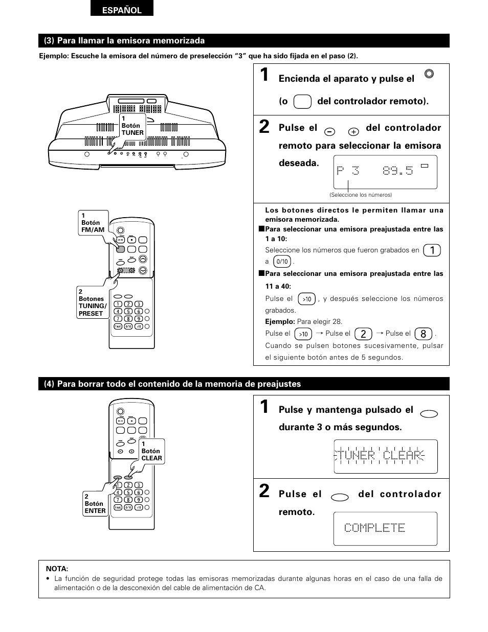 P 3 89.5, Tuner clear, Complete | Pulse el del controlador remoto, Español | Denon D-A03 User Manual | Page 90 / 110