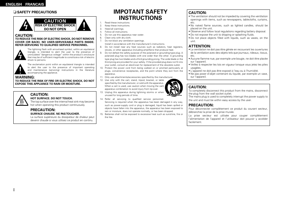 Impotant safety instructions, Caution | Denon AVR-1910 User Manual | Page 2 / 72