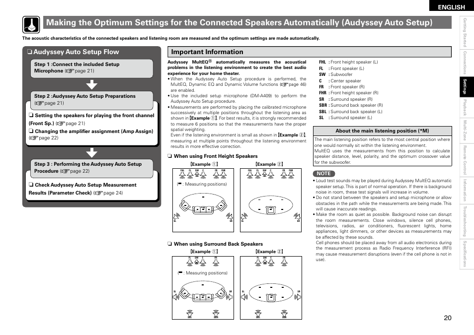 Important information, Audyssey auto setup flow n, English | Denon AVR-1910 User Manual | Page 23 / 72