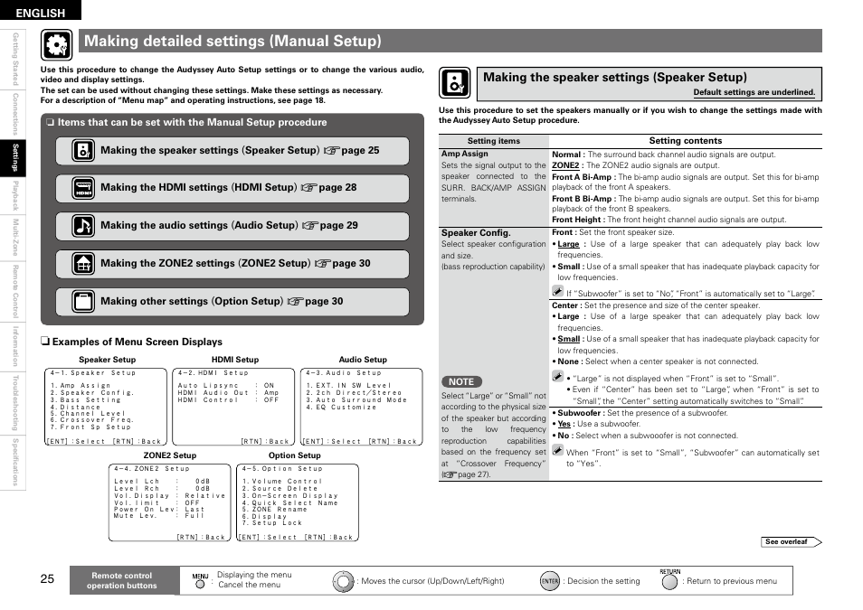 Making detailed settings (manual setup), Making the speaker settings (speaker setup), English | Denon AVR-1910 User Manual | Page 28 / 72