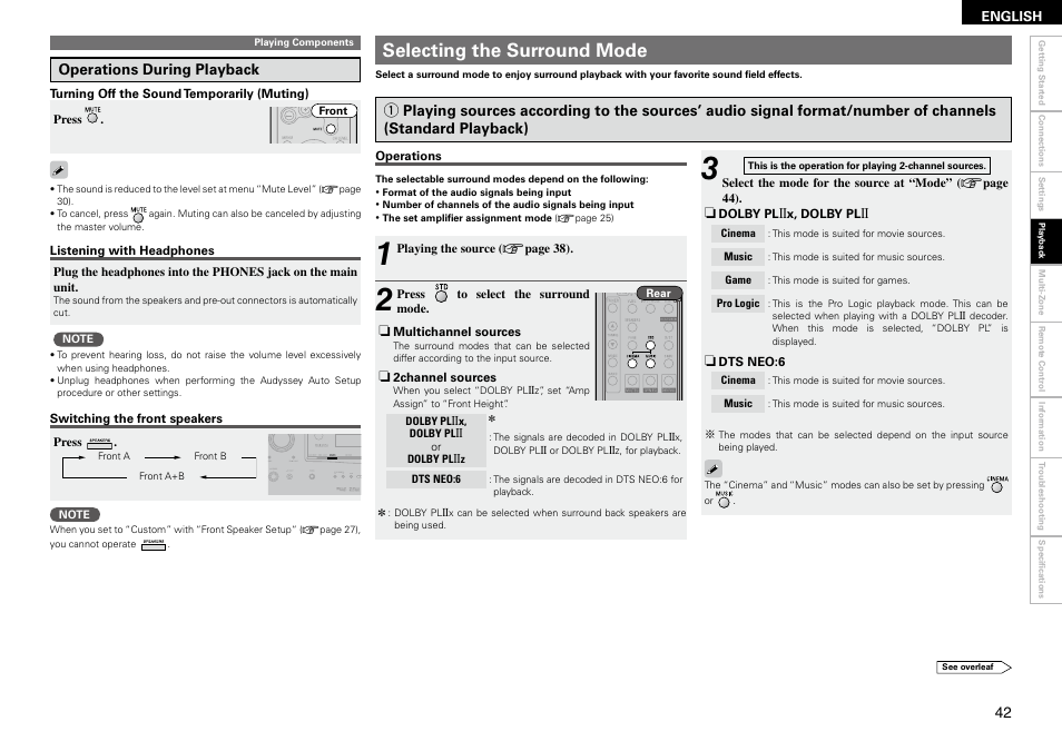 Selecting the surround mode | Denon AVR-1910 User Manual | Page 45 / 72