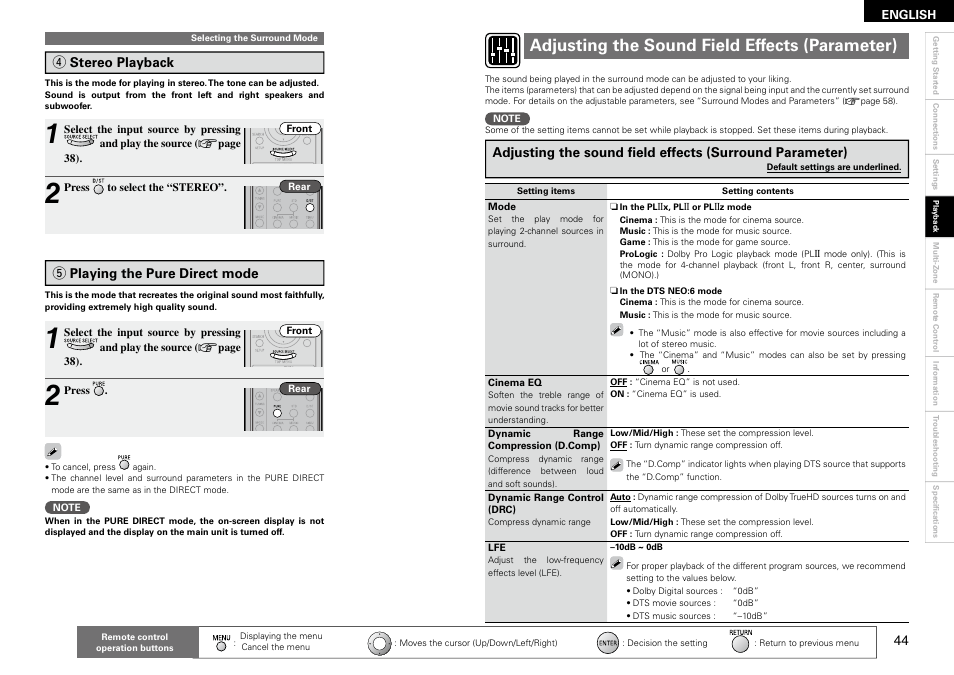 Adjusting the sound field effects (parameter) | Denon AVR-1910 User Manual | Page 47 / 72