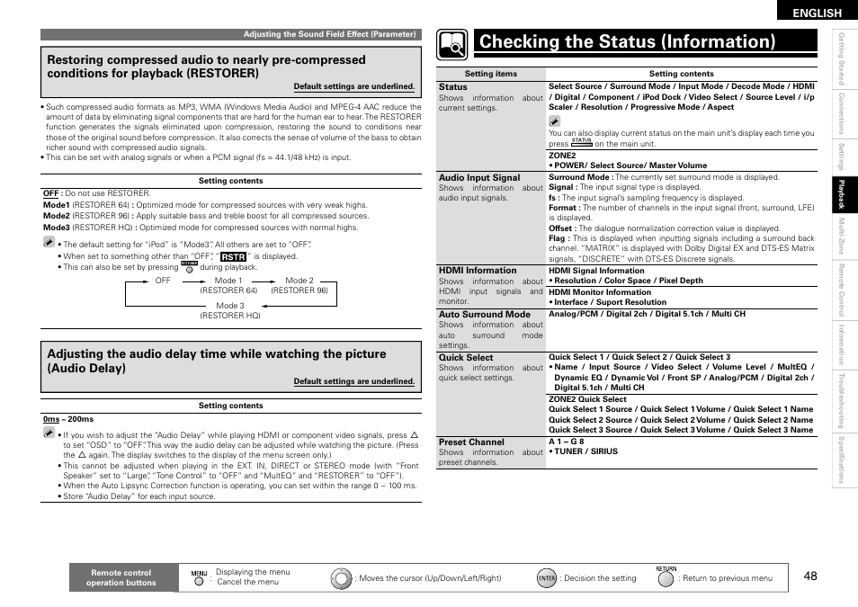 Checking the status (information) | Denon AVR-1910 User Manual | Page 51 / 72