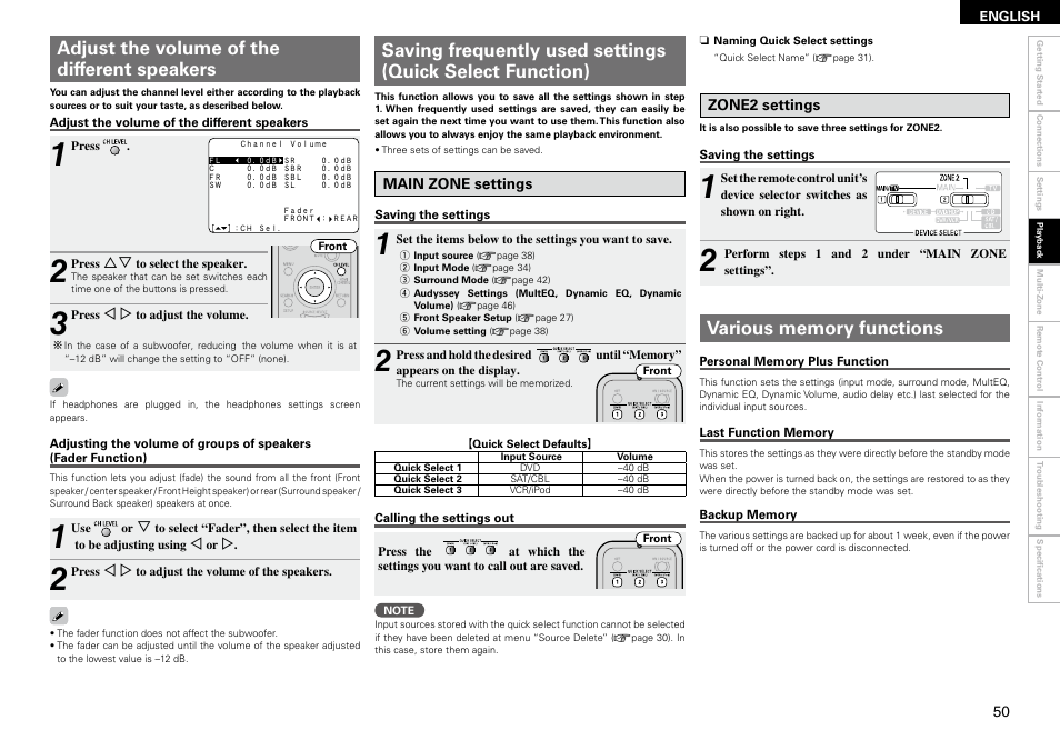 Adjust the volume of the different speakers | Denon AVR-1910 User Manual | Page 53 / 72