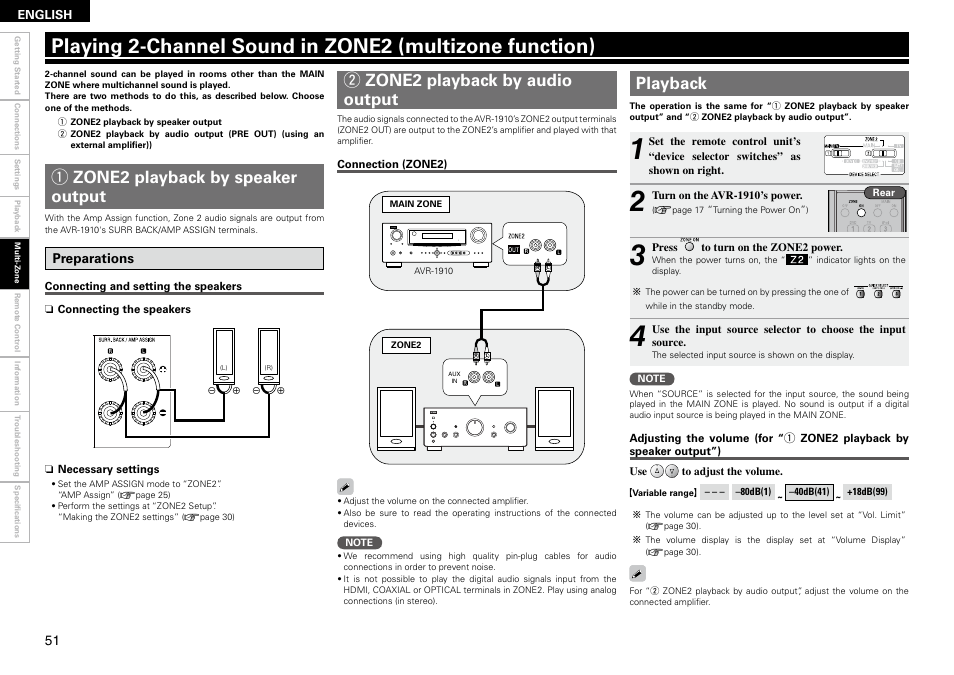 Qzone2 playback by speaker output, Wzone2 playback by audio output, Playback | Denon AVR-1910 User Manual | Page 54 / 72