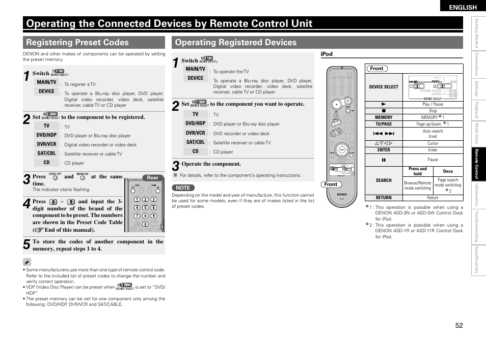 Registering preset codes, Operating registered devices | Denon AVR-1910 User Manual | Page 55 / 72