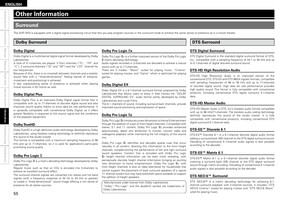 Other information, Surround, Dolby surround | Dts surround | Denon AVR-1910 User Manual | Page 58 / 72