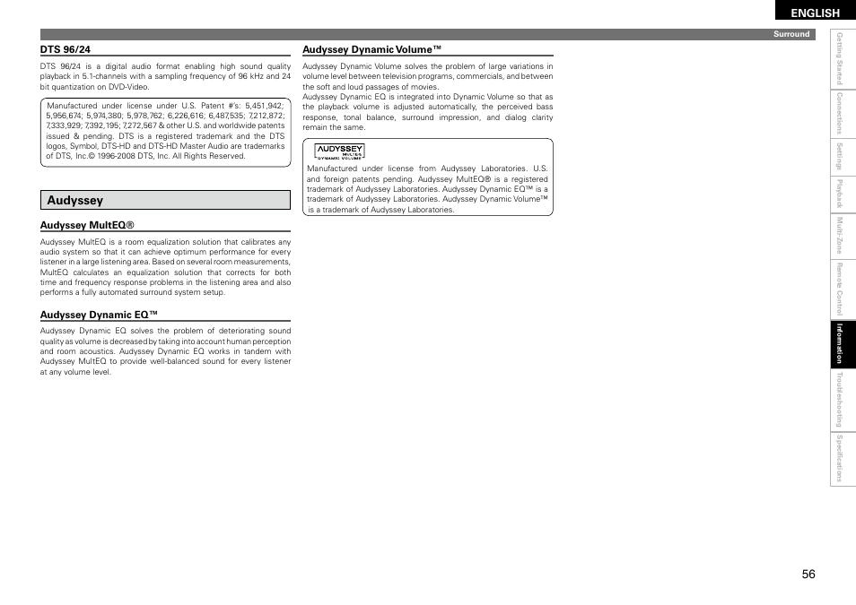 Audyssey | Denon AVR-1910 User Manual | Page 59 / 72