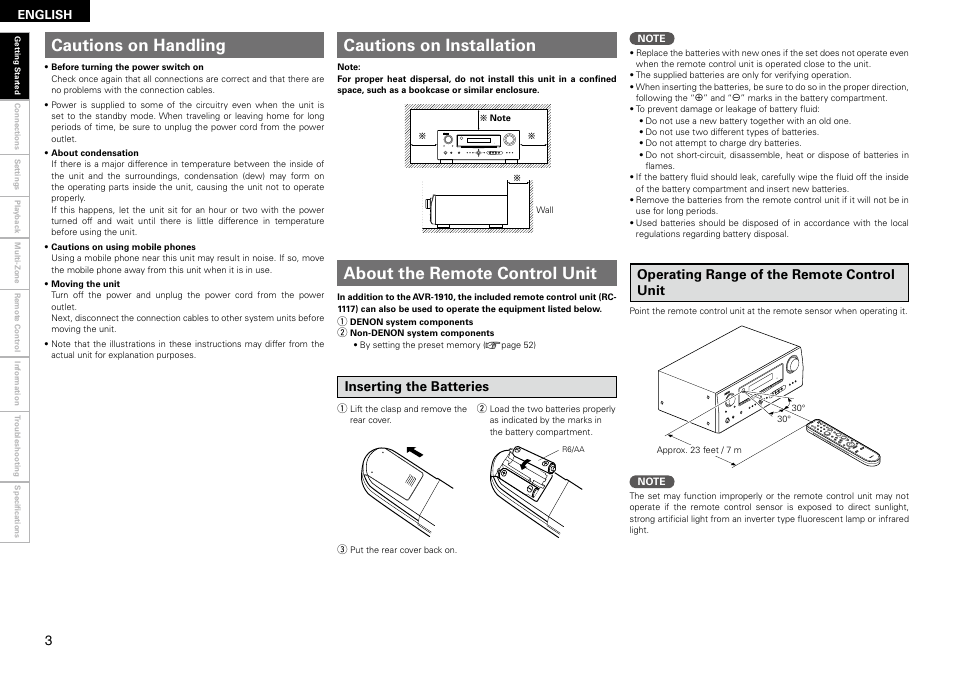 Operating range of the remote control unit, Inserting the batteries | Denon AVR-1910 User Manual | Page 6 / 72