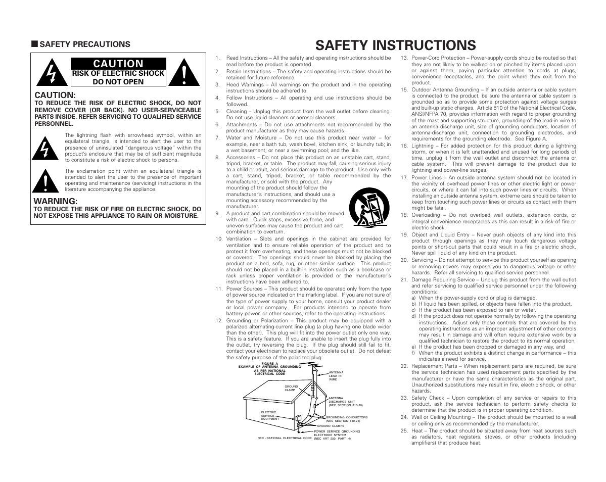 Safety instructions, Caution, Warning | 2 safety precautions | Denon AVR-987 User Manual | Page 2 / 80