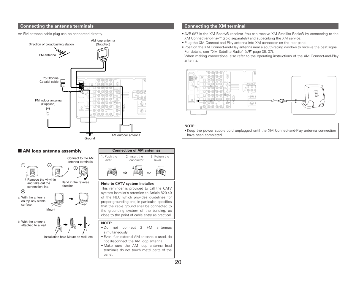 2 am loop antenna assembly, Connecting the antenna terminals, Connecting the xm terminal | Denon AVR-987 User Manual | Page 24 / 80