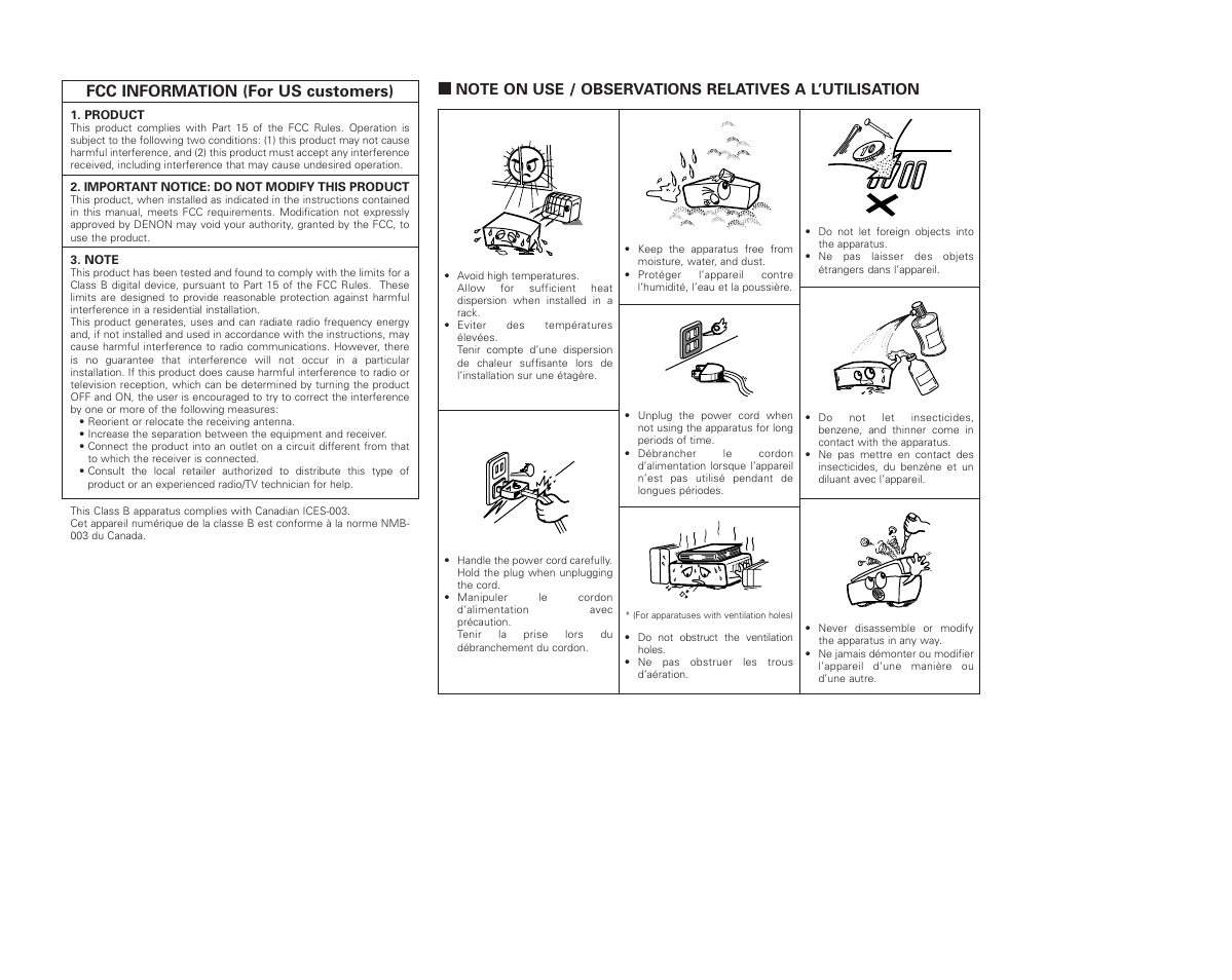 Fcc information (for us customers) | Denon AVR-987 User Manual | Page 3 / 80