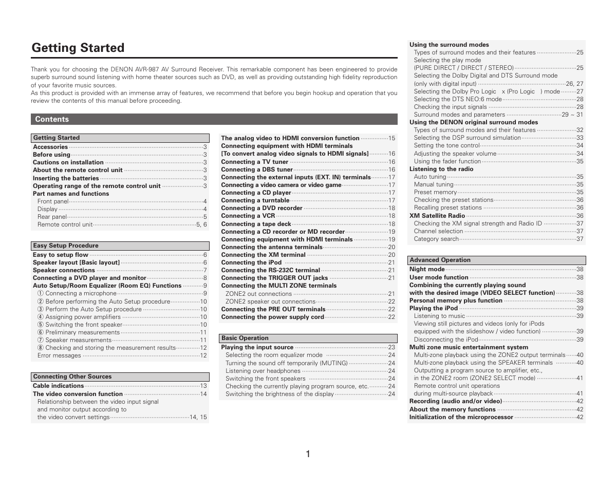 Getting started | Denon AVR-987 User Manual | Page 5 / 80