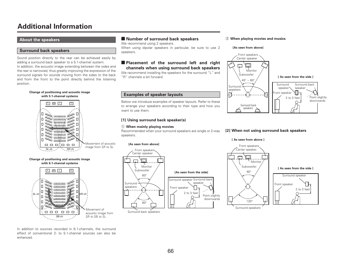 Additional information, Examples of speaker layouts, About the speakers surround back speakers | 2 number of surround back speakers | Denon AVR-987 User Manual | Page 70 / 80