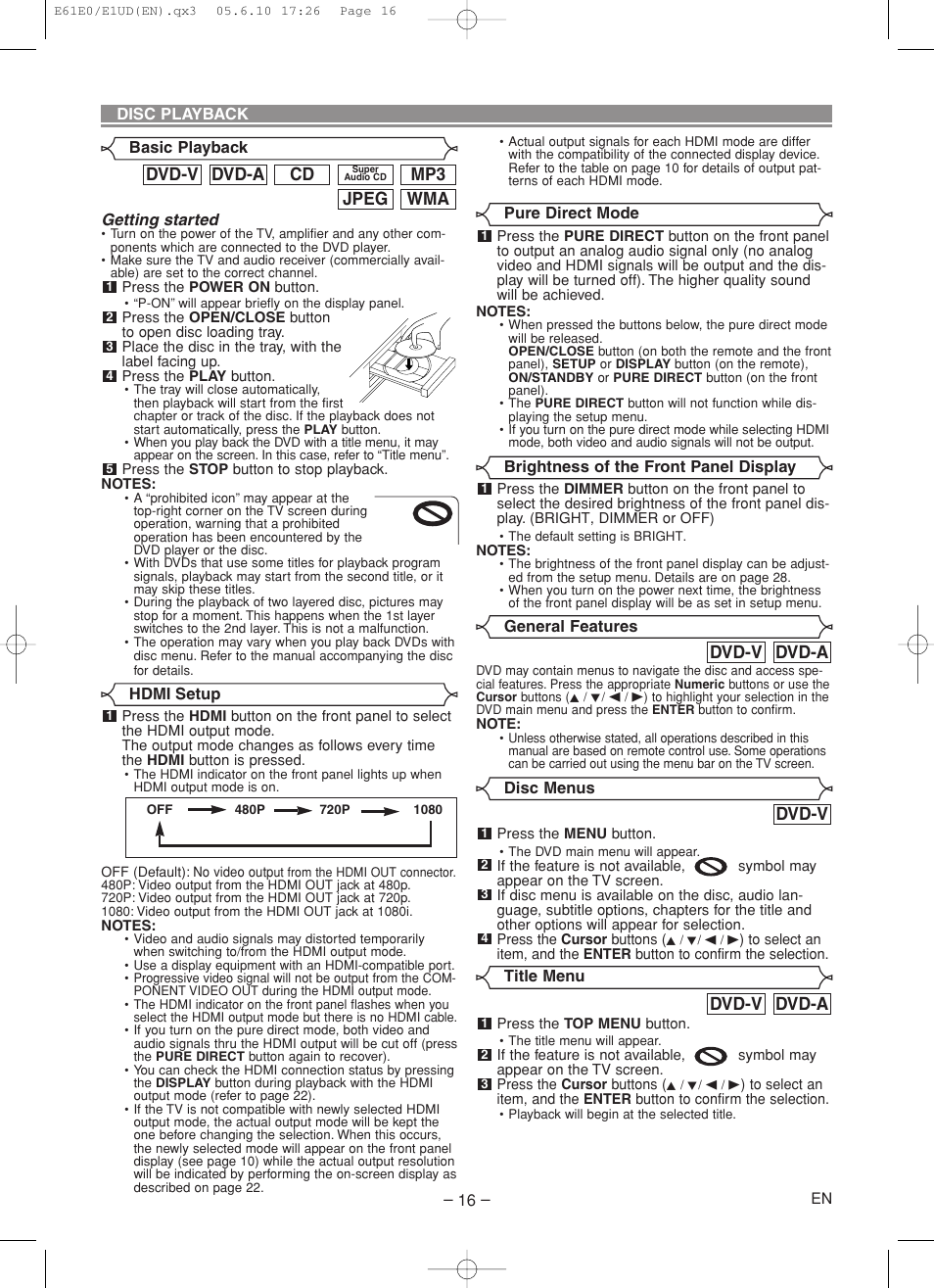 Wma jpeg mp3, Cd dvd-a dvd-v, Dvd-v | Dvd-a dvd-v | Denon DVD-1920 User Manual | Page 16 / 62