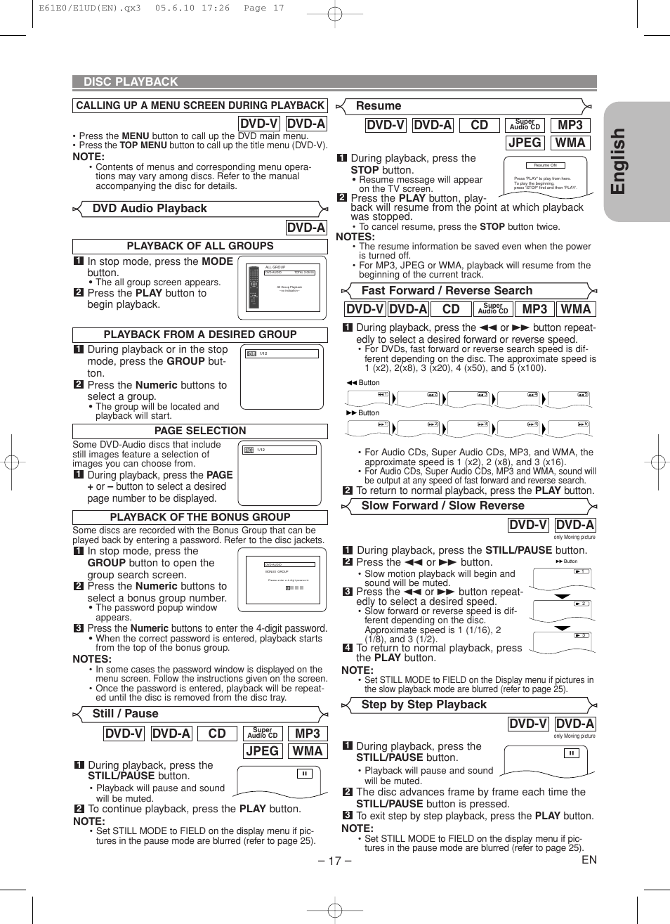 English, Dvd-a dvd-v, Dvd-a | Wma jpeg mp3, Cd dvd-a dvd-v, Wma mp3 | Denon DVD-1920 User Manual | Page 17 / 62