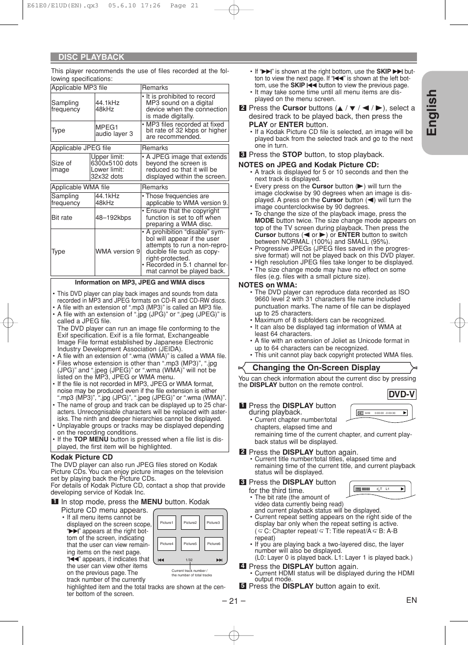 English, Dvd-v | Denon DVD-1920 User Manual | Page 21 / 62