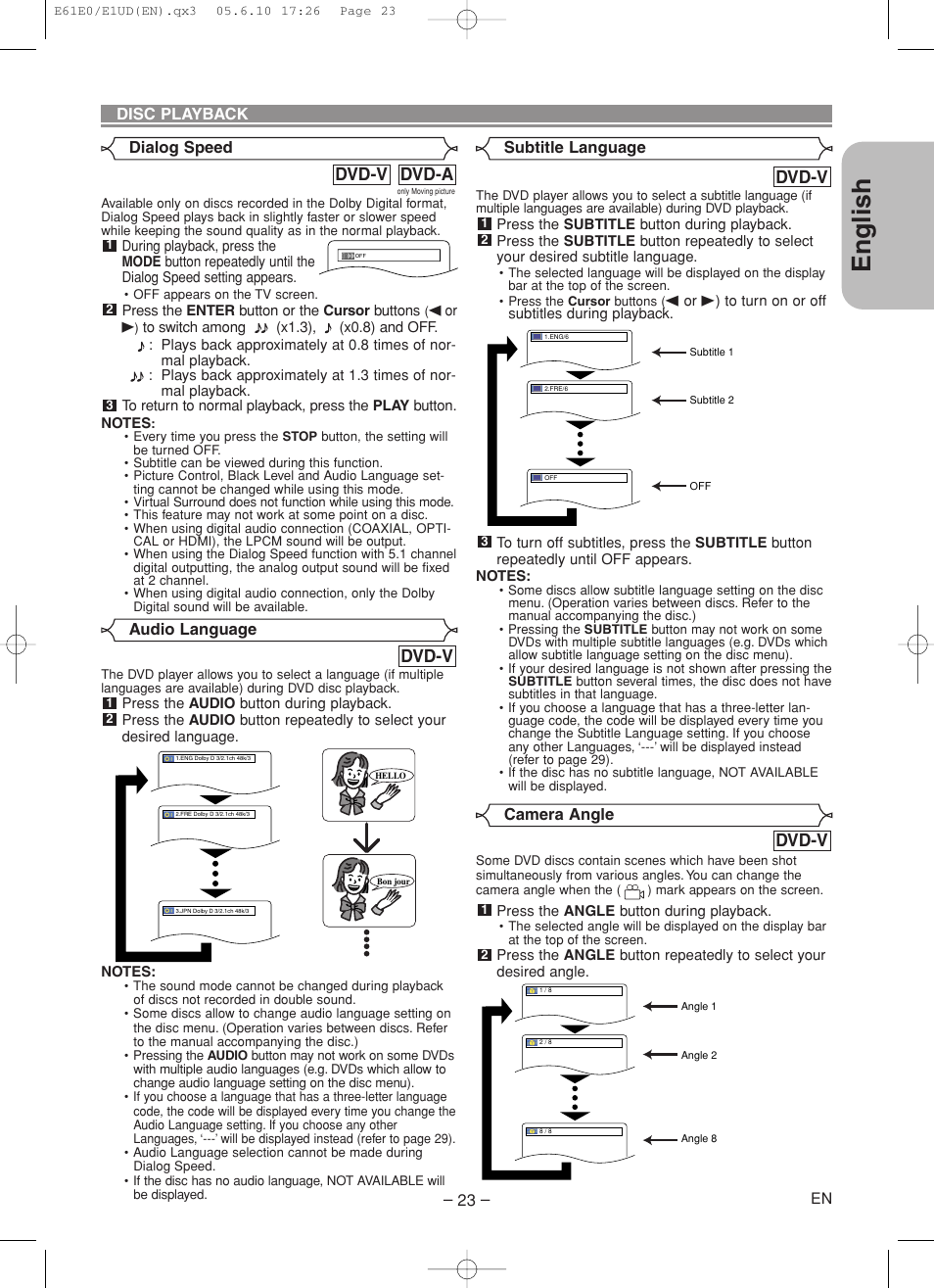 English, Dvd-v, Dvd-a dvd-v | Denon DVD-1920 User Manual | Page 23 / 62