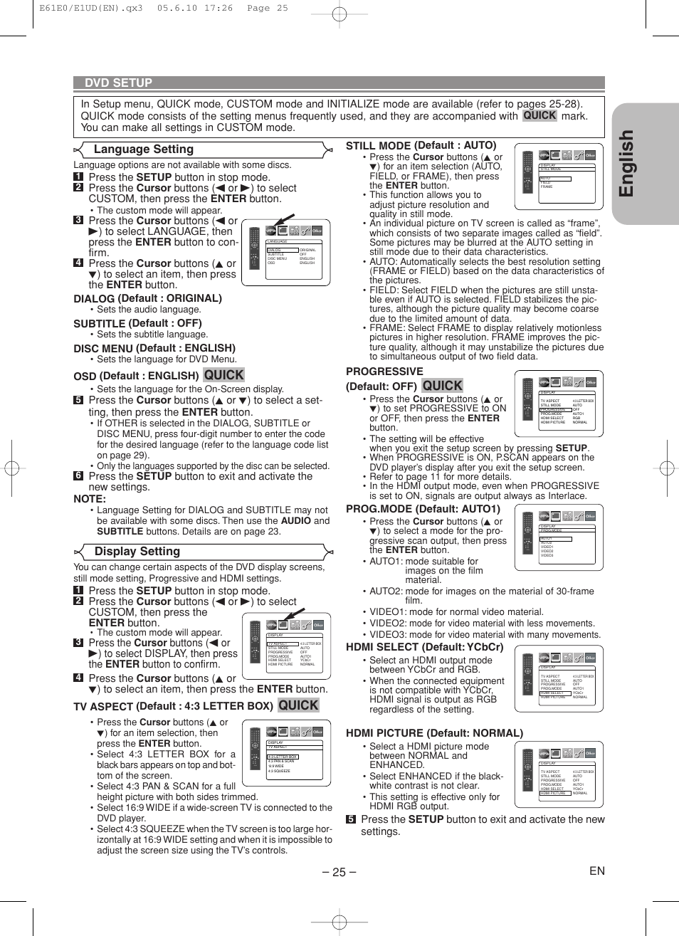 English, Quick, Dvd setup display setting | Language setting, Subtitle (default : off), Disc menu (default : english), Osd (default : english), Still mode (default : auto), Progressive (default: off), Prog.mode (default: auto1) | Denon DVD-1920 User Manual | Page 25 / 62