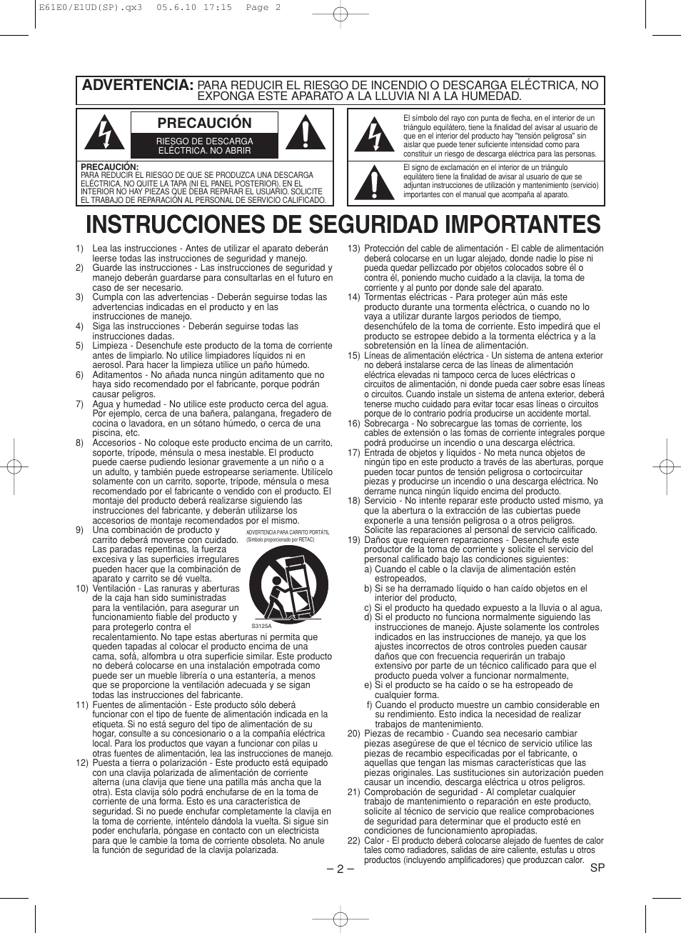 Instrucciones de seguridad importantes, Advertencia, Precaución | Denon DVD-1920 User Manual | Page 32 / 62