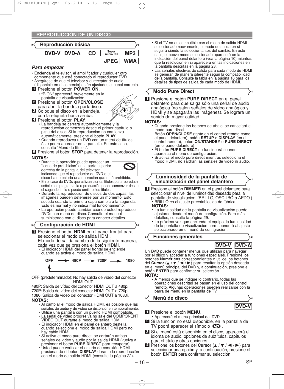 Wma jpeg mp3, Cd dvd-a dvd-v, Dvd-v | Dvd-a dvd-v | Denon DVD-1920 User Manual | Page 46 / 62