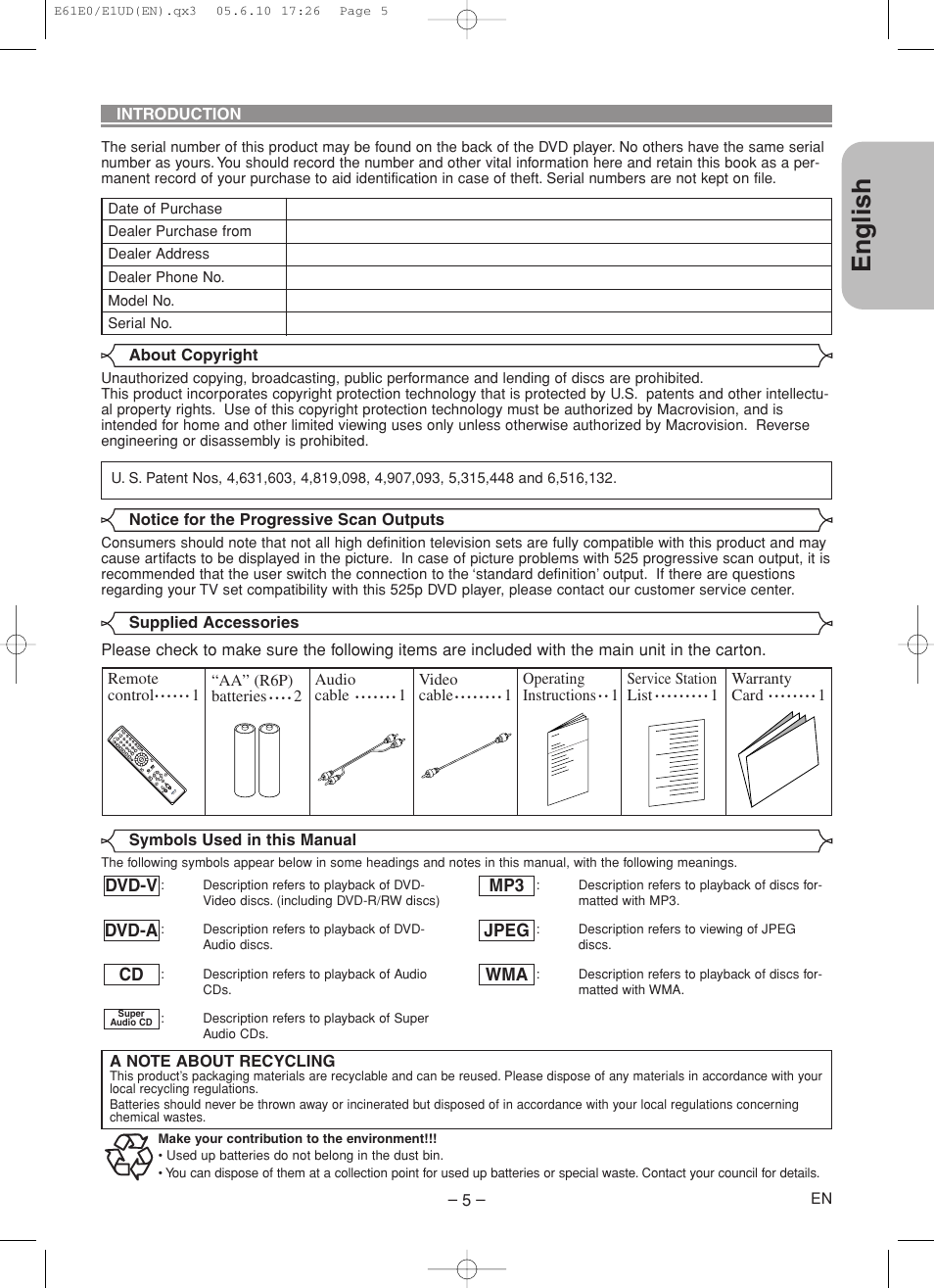 English, Wma jpeg mp3, Cd dvd-a dvd-v | Denon DVD-1920 User Manual | Page 5 / 62