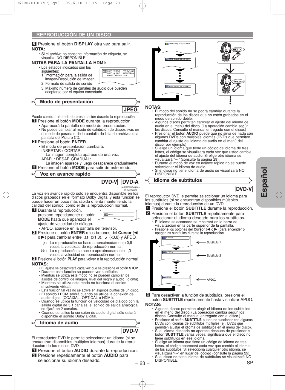 Espa ñ ol, Dvd-v, Jpeg | Dvd-a dvd-v | Denon DVD-1920 User Manual | Page 53 / 62